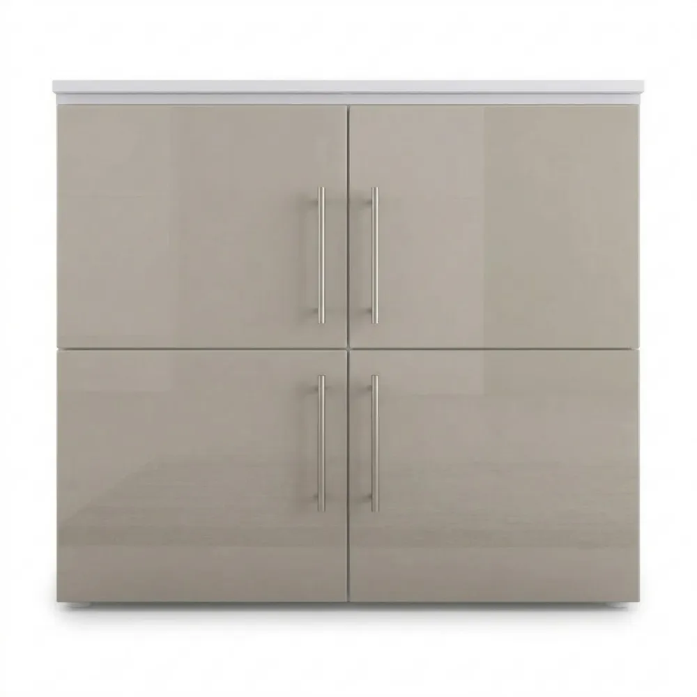 Moderner Sideboard mit 4 Türen, Weiß matt/Sandgrau Hochglanz