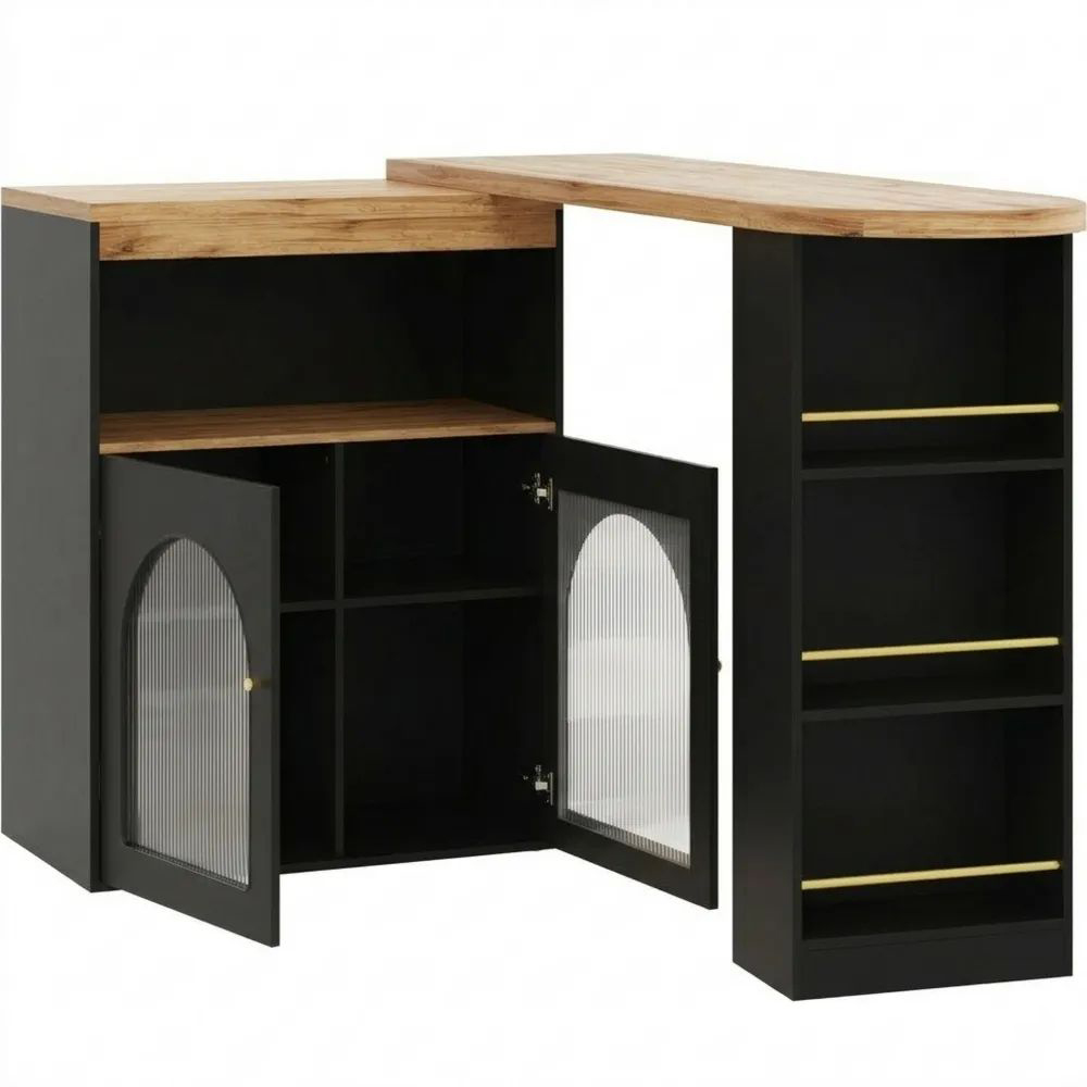 Ausziehbarer Bartisch mit Stauraum und Glasfront, Korpus mit LED Lichtleiste, für Küche und Esszimmer