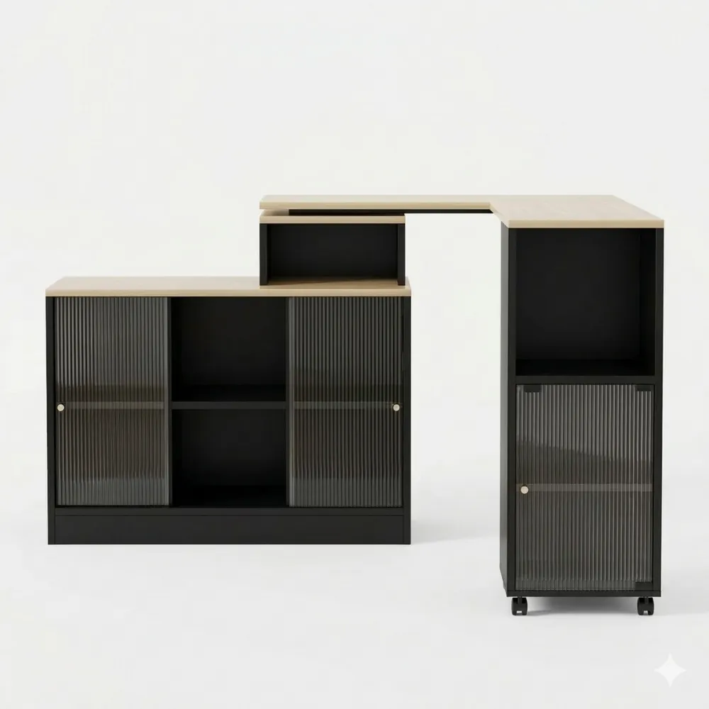 Kompakter Bartisch auf Rollen mit Glasfront und Stauraum