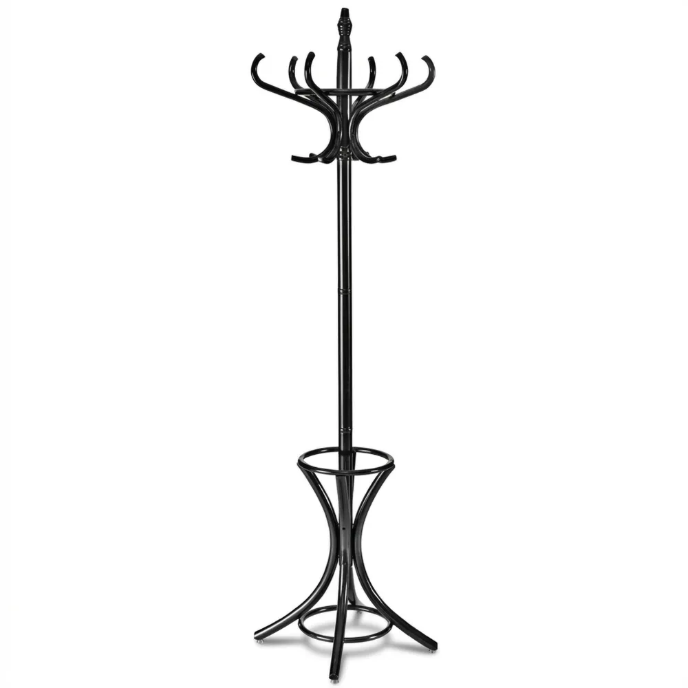 Freistehende Garderobe Holz mit Schirmständer und 12 Haken, Kleiderständer für Flur oder Wohnzimmer, Schwarz