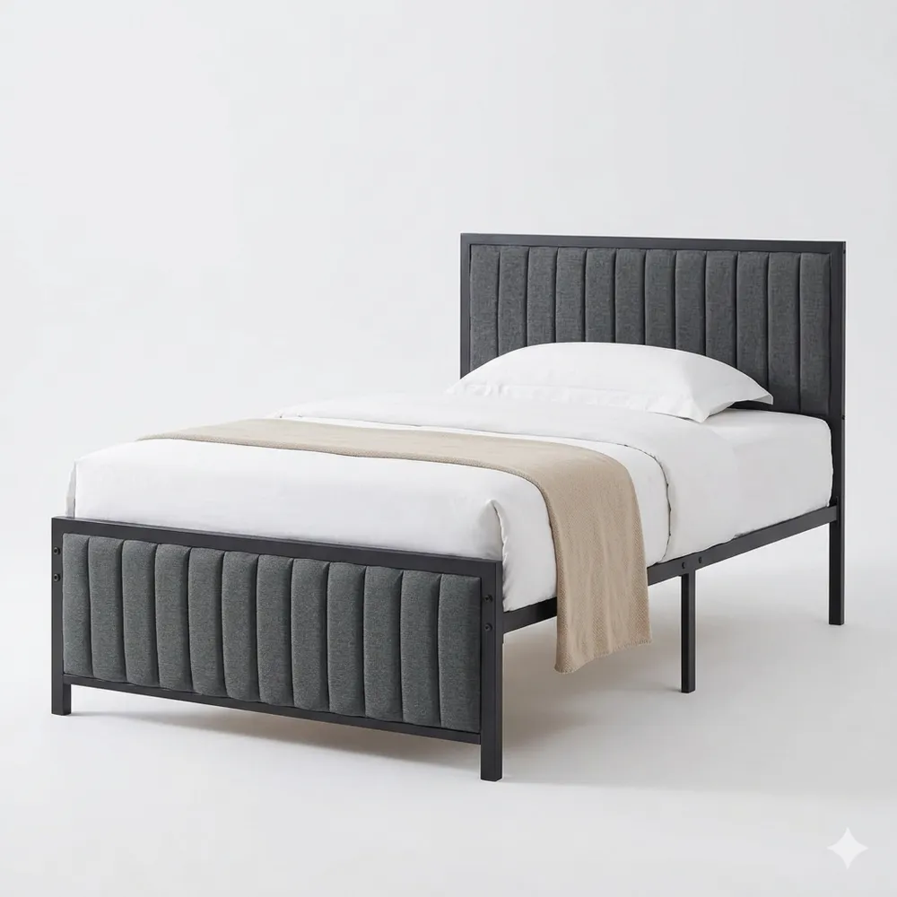 Metallbett 90x200 cm mit gepolstertem Kopf- und Fußteil, Lattenrost inklusive, 32 cm Stauraum