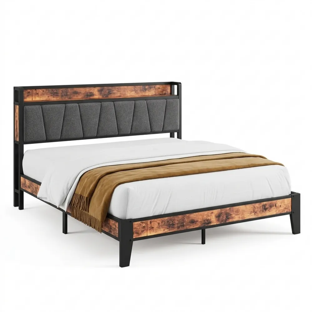 Metallbett mit USB und Typ-C Anschlüssen, gepolstertem Kopfteil und Stauraum, 160x200 cm