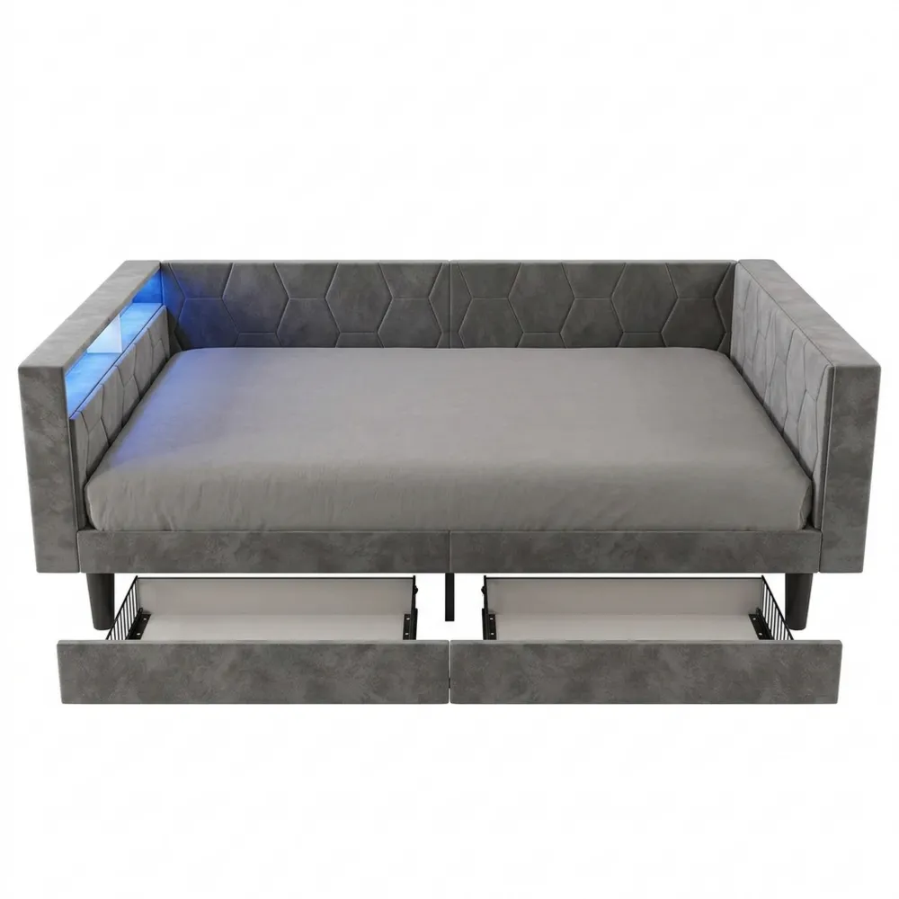 Einzelbett 90x200 cm mit Schubladen und LED-Beleuchtung, modernes Polsterbett mit Stauraum