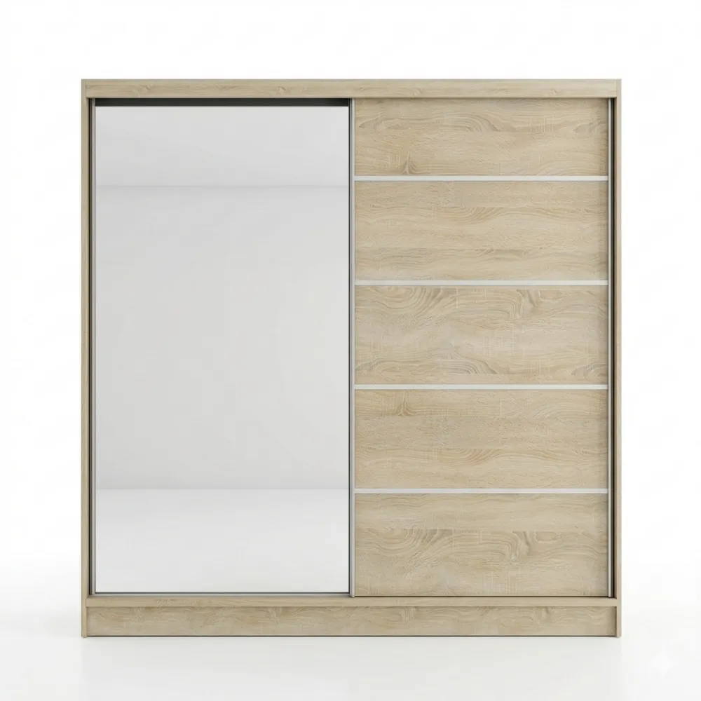 Kleiderschrank mit Schiebetüren und Schubladen, Spiegel und Sonoma 200 cm