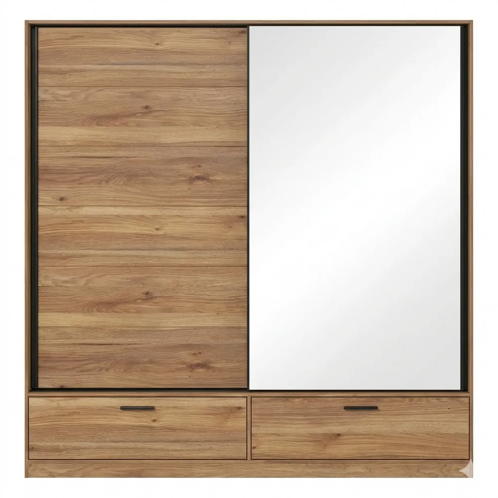 Geräumiger Kleiderschrank mit Spiegeltür und Schubladen, Eiche Schwarz