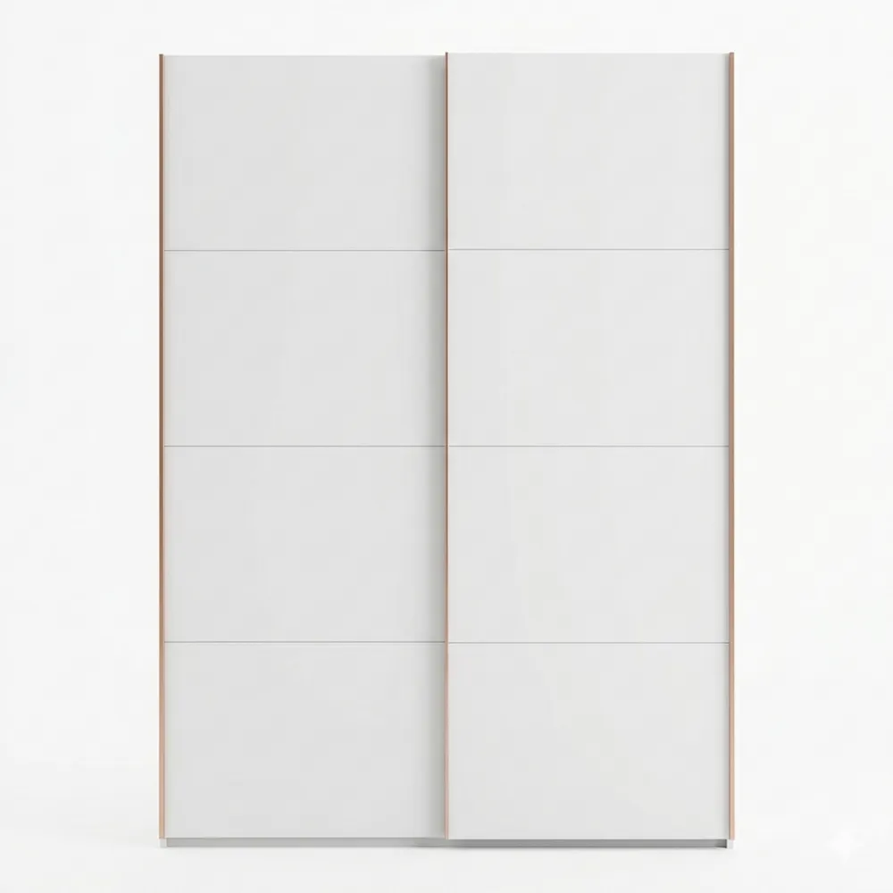 Moderner 2-türiger Schwebetürenschrank mit Kleiderstange und Einlegeböden, weiß, 150 cm breit