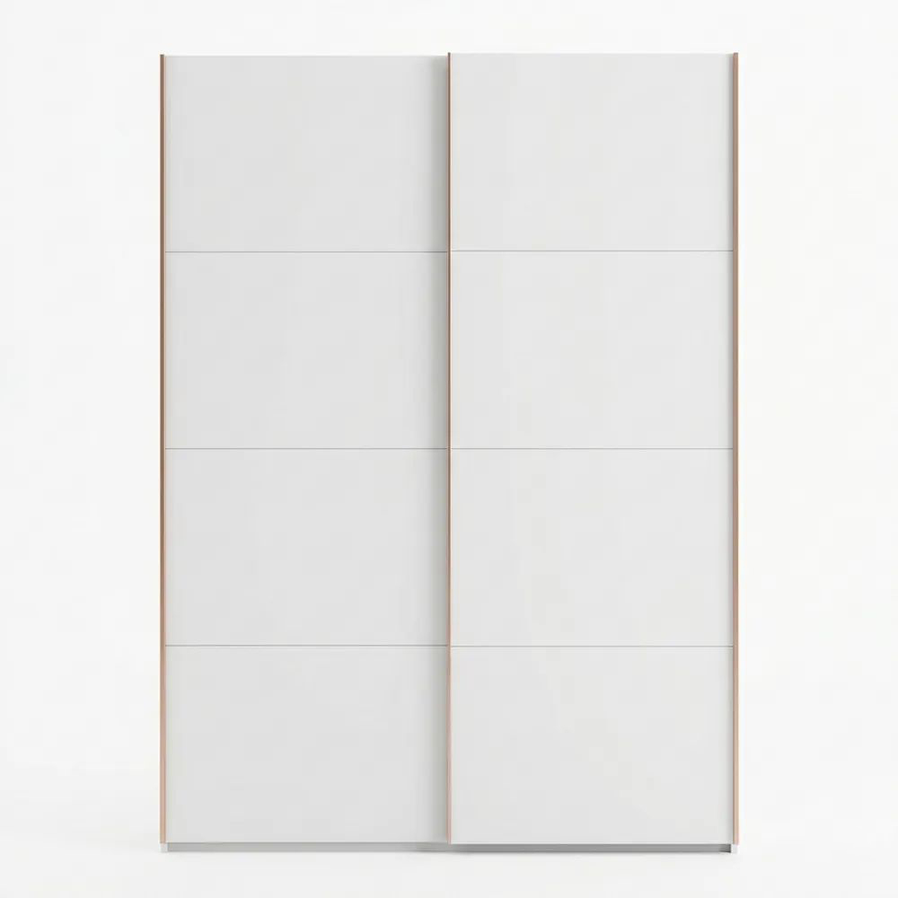 Moderner 2-türiger Schwebetürenschrank mit Kleiderstange und Einlegeböden, weiß, 150 cm breit