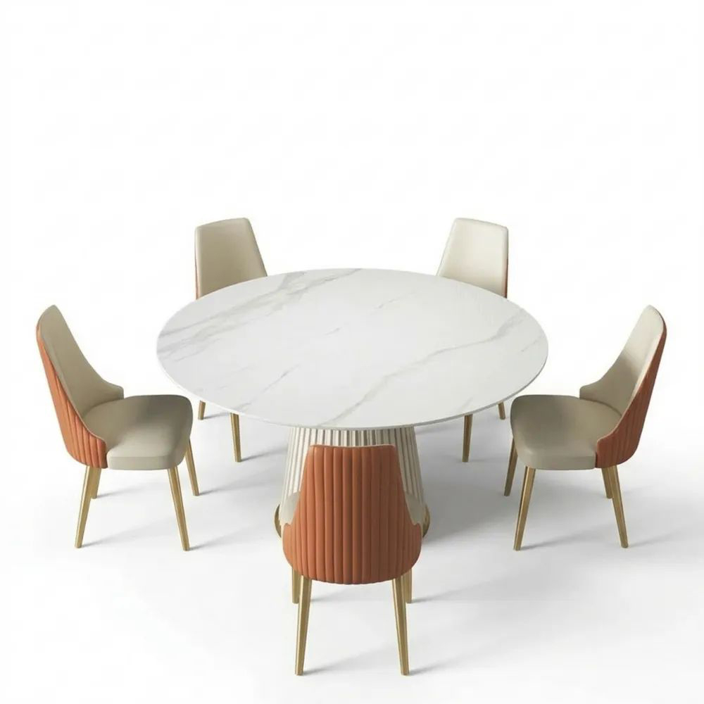 Runder Esstisch aus gesintertem Stein und Kiefernholz für 4-6 Personen