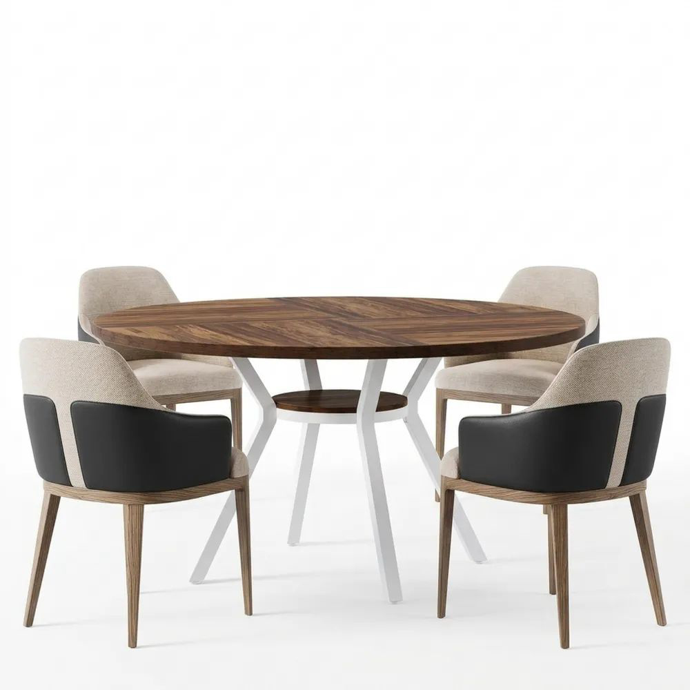 Moderner runder Esstisch mit Metallfuß, 120 cm, mit Ablagefach, weiß