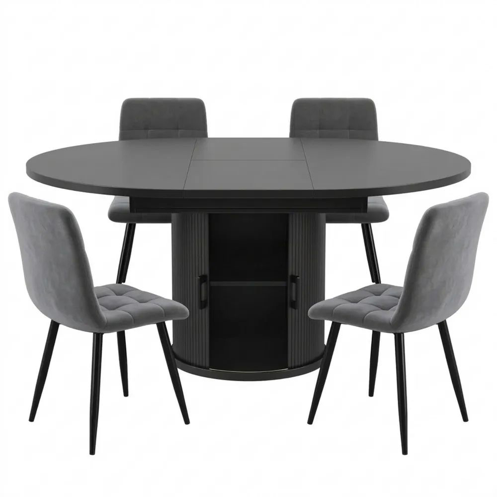 Moderner ausziehbarer Tisch für Wohnzimmer und Balkon, rund zu oval, 118-158 cm, schwarz