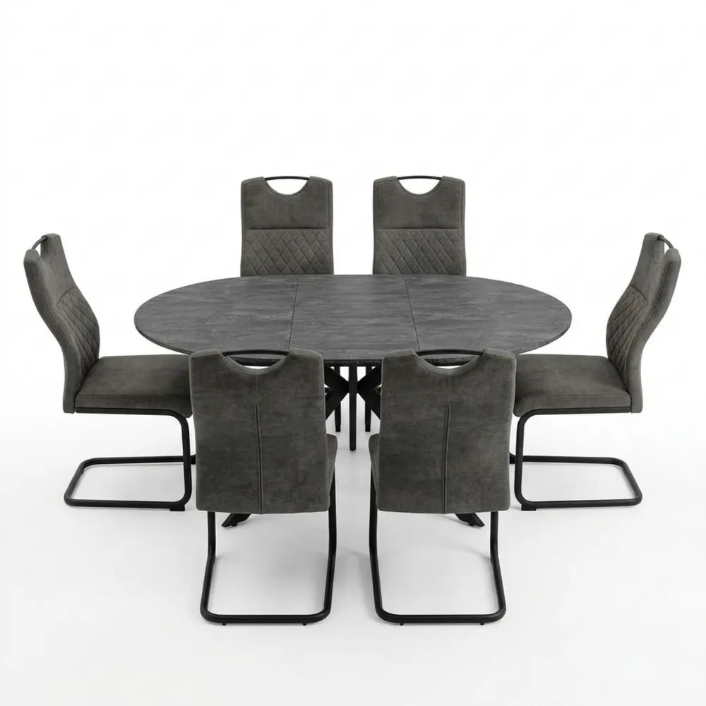 Erweiterbares Esszimmertisch-Set mit 6 grauen Stühlen, Holzoptik, Metallbeine