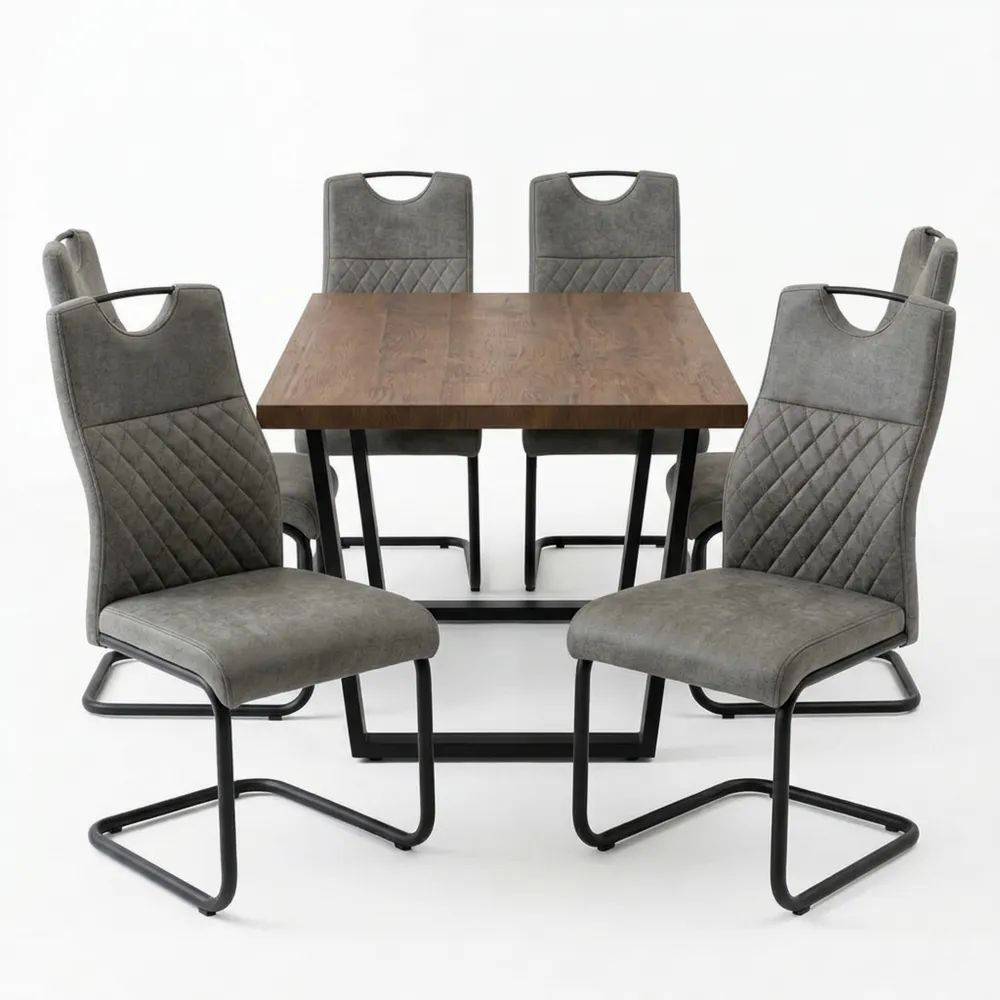 Moderner Esstisch mit Stühlen, Eiche-Dekor, Metallbeine