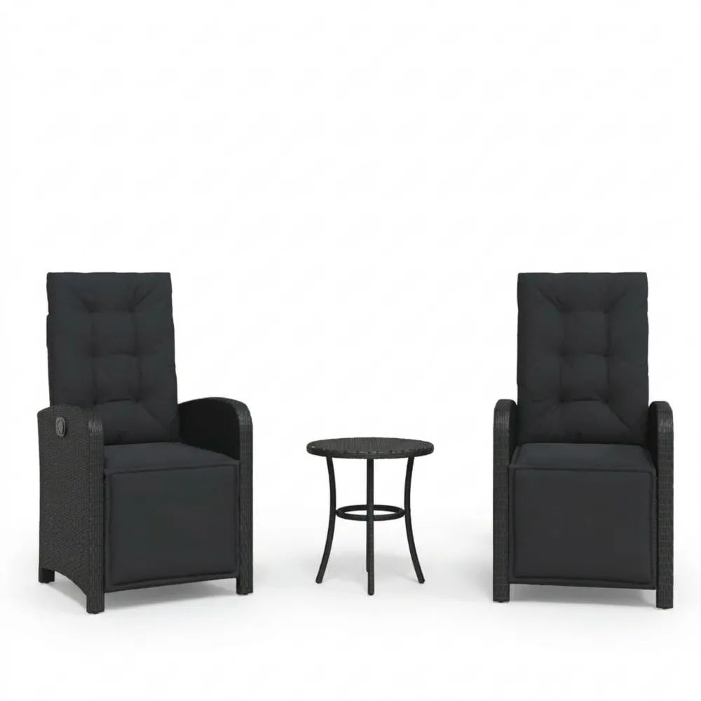 Verstellbare Rattanstühle mit hoher Rückenlehne für den Garten, 2er Set mit Fußteil, Schwarz