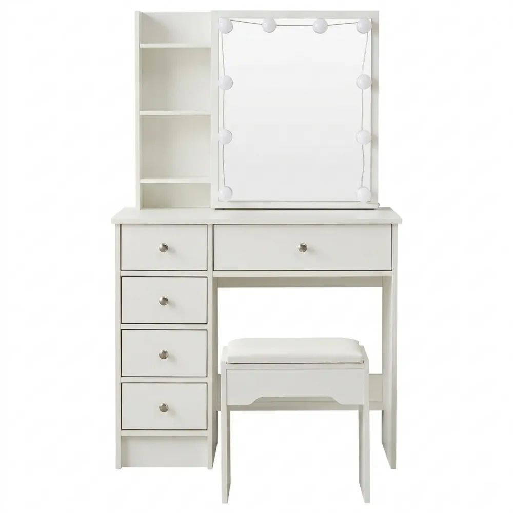 Moderner Schminktisch mit Beleuchtung und Hocker, Weiß