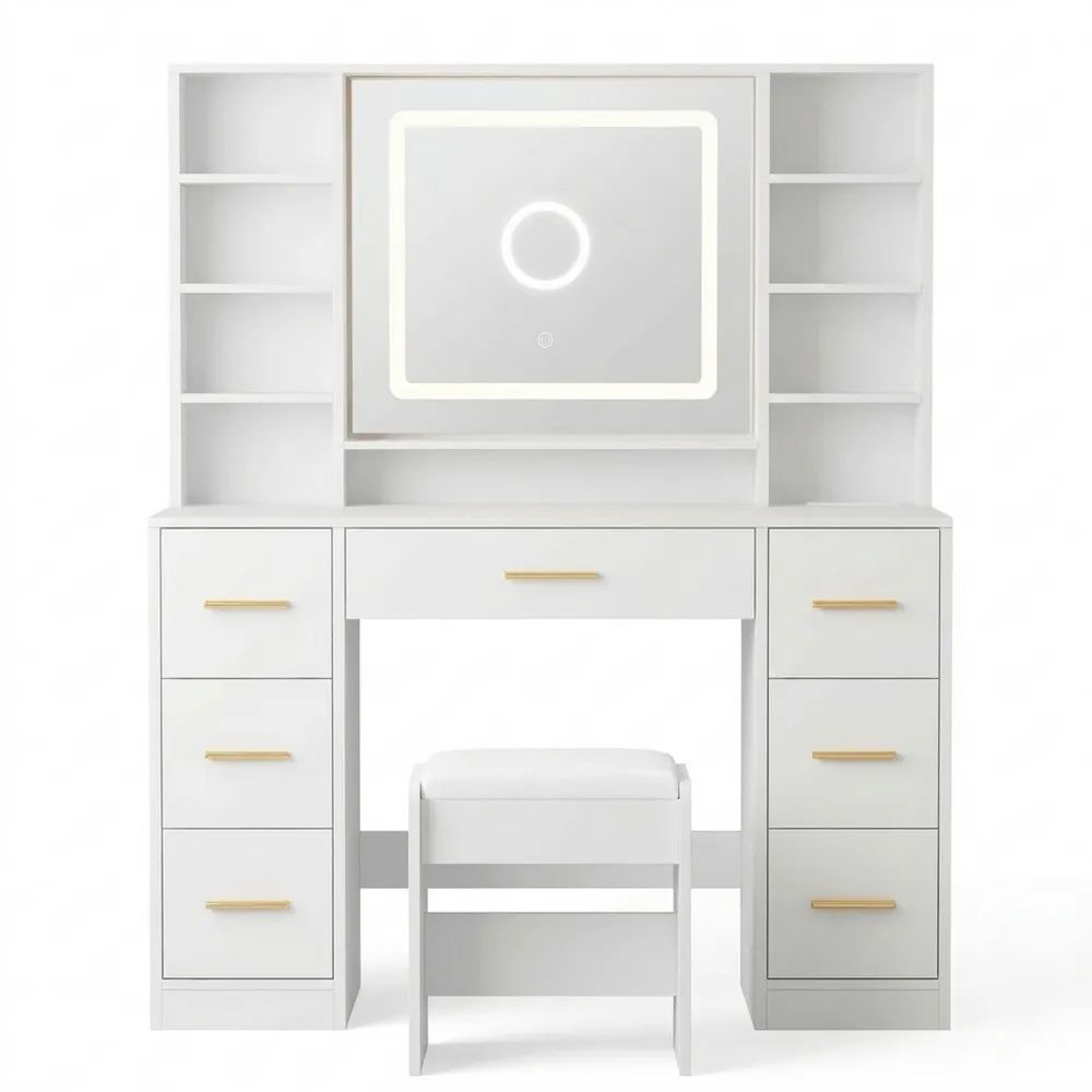 Schminktisch mit LED-Beleuchtung und Steckdosen, Weiß, mit Spiegel und Hocker, 7 Schubladen und 4 Ablagen