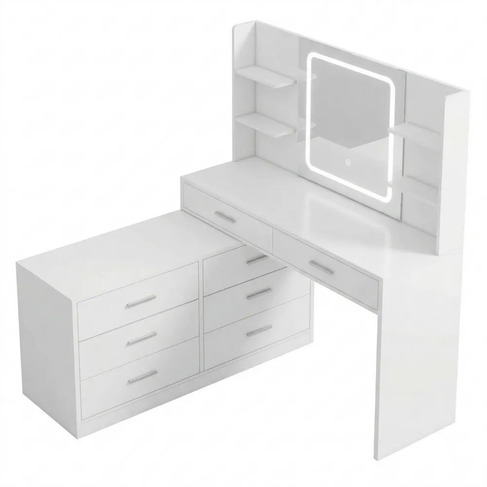 Eck-Schminktisch mit LED-Spiegel und Steckdose, 8 Schubladen, einstellbare Helligkeit