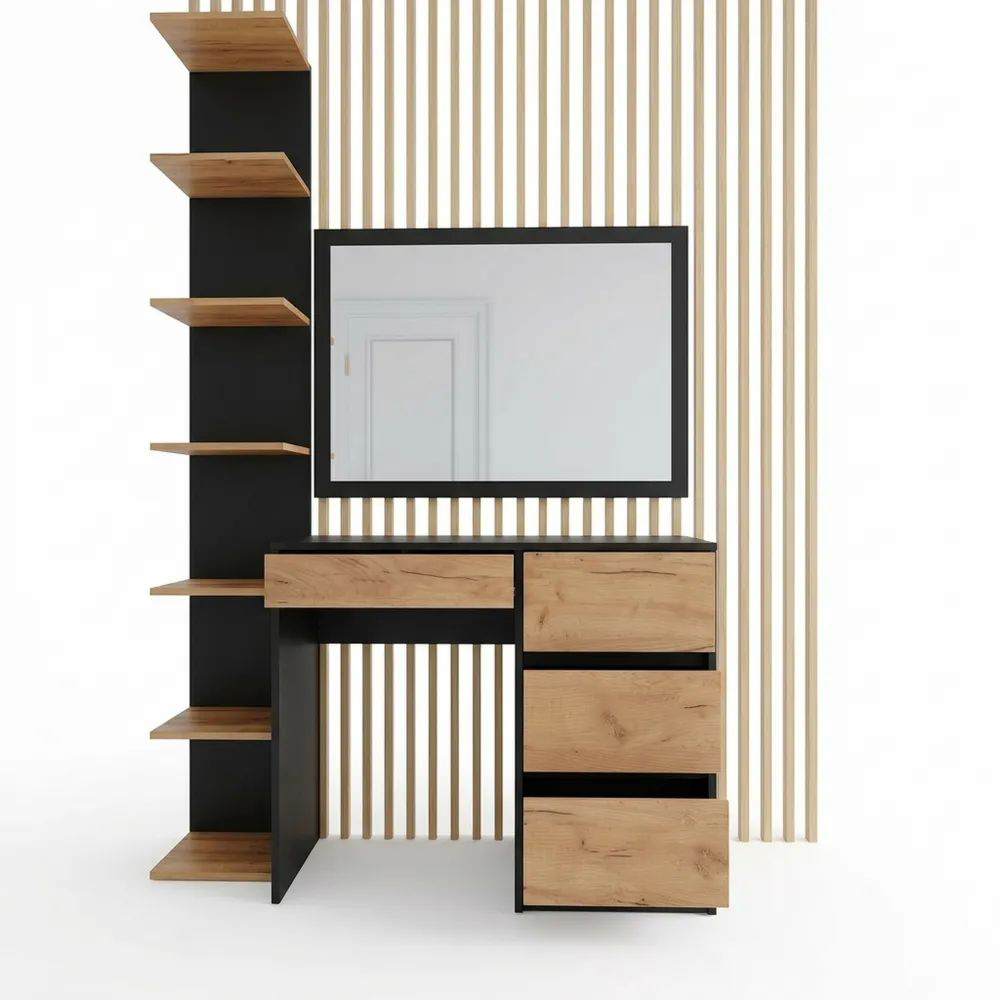 Moderner Schminktisch in Anthrazit mit Eichenoptik, kompakt und vielseitig
