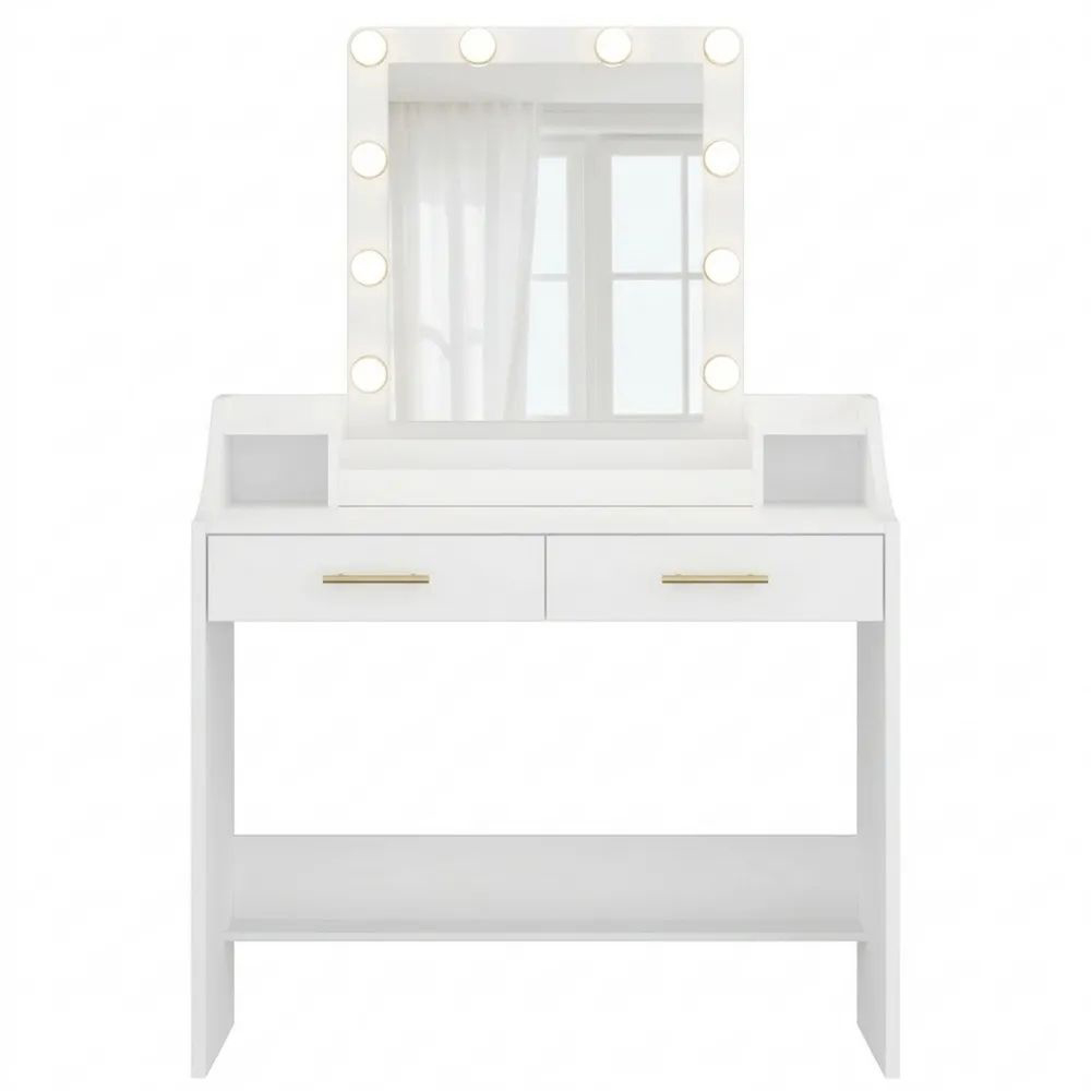 Moderner Schminktisch mit LED und Spiegel, einstellbare Helligkeit, 2 Schubladen, 3 offene Fächer