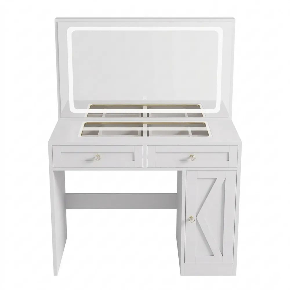Schminktisch mit LED-Beleuchtung und Steckdose, Spiegel und geteilten Schubladen, Weiß