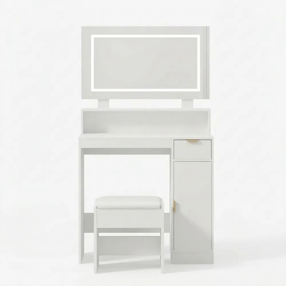 Moderner Schminktisch mit Beleuchtung, Hocker und verstellbarem Regal