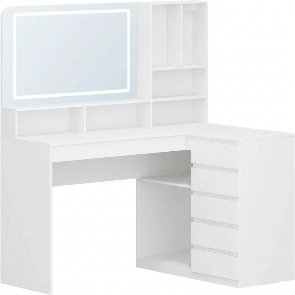 Eckschminktisch mit LED-Spiegel und Stauraum, für Schlafzimmer, Weiß