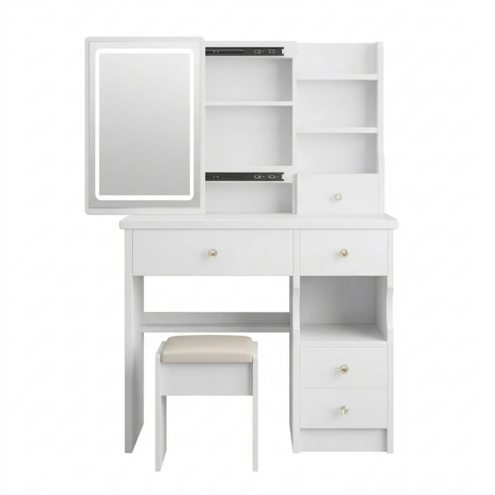 Moderner Schminktisch mit LED und Spiegel, verstellbare Helligkeit, Hocker inklusive, 5 Schubladen und 3 Ablagen