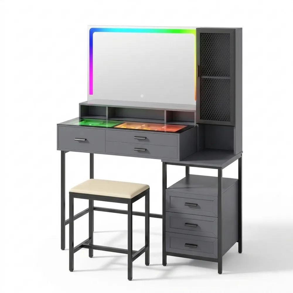 Moderner Schminktisch mit LED-Beleuchtung und RGB-Lichtern, 6 Schubladen und kabelloser Ladestation