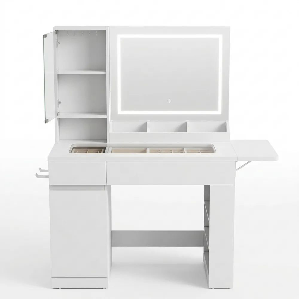 Schminktisch mit LED-Beleuchtung und Glasplatte, Frisiertisch 115 cm mit Spiegel und Steckdosen, ideal fürs Schlafzimmer, weiß