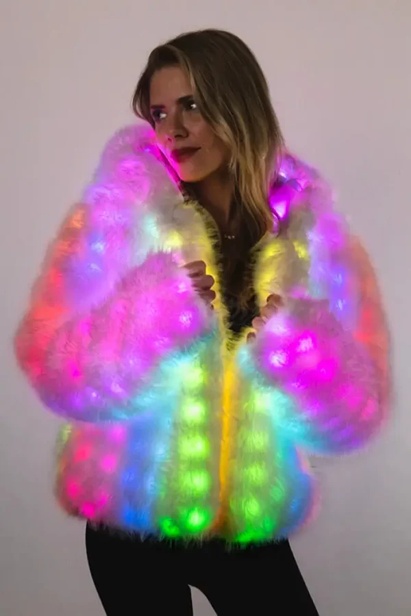 SugarFur Snow Angel LED Jacket - Mid-Length White Faux Fur