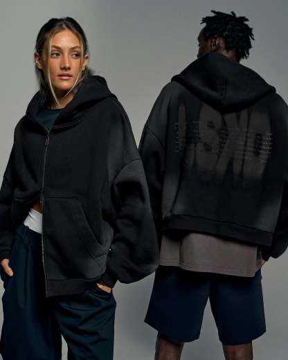 Memory In Motion Ultra Heavyweight Zip Thru Hoodie - Black Washed