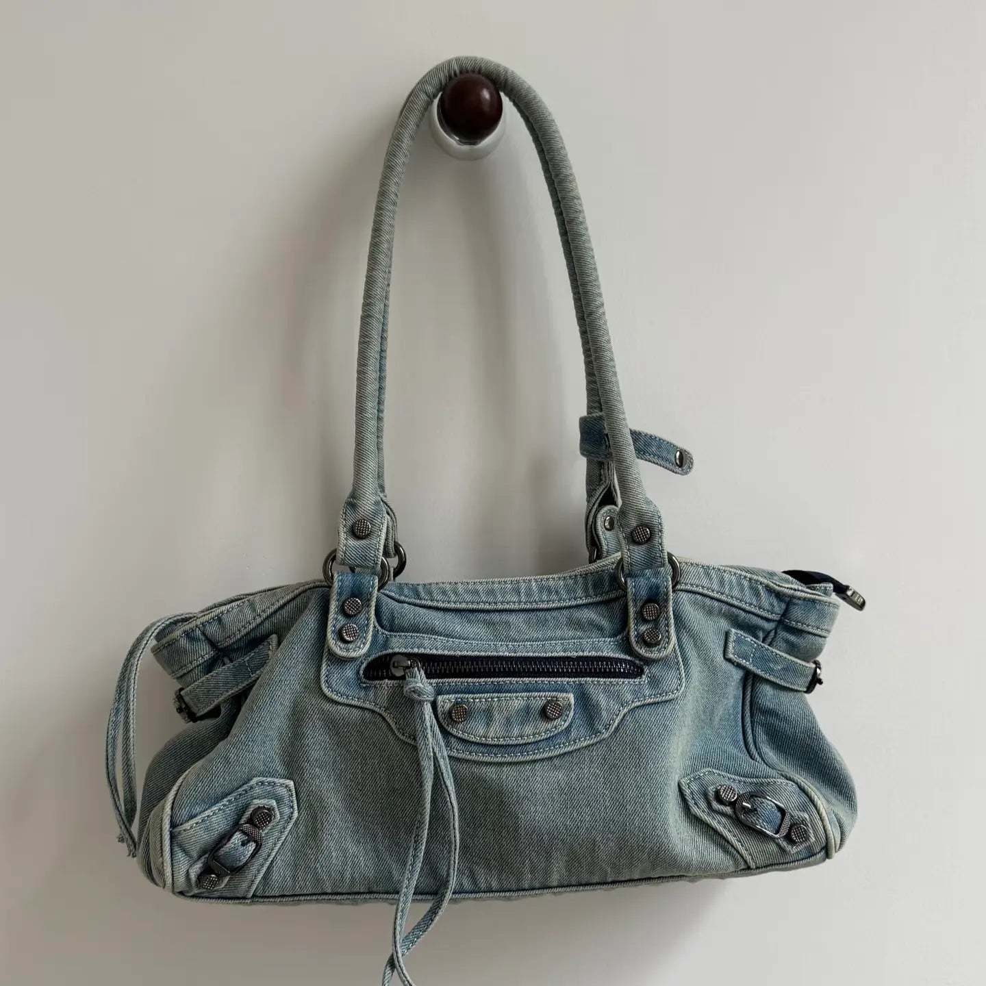 Vintage Washed Denim Baguette Hobo Bag