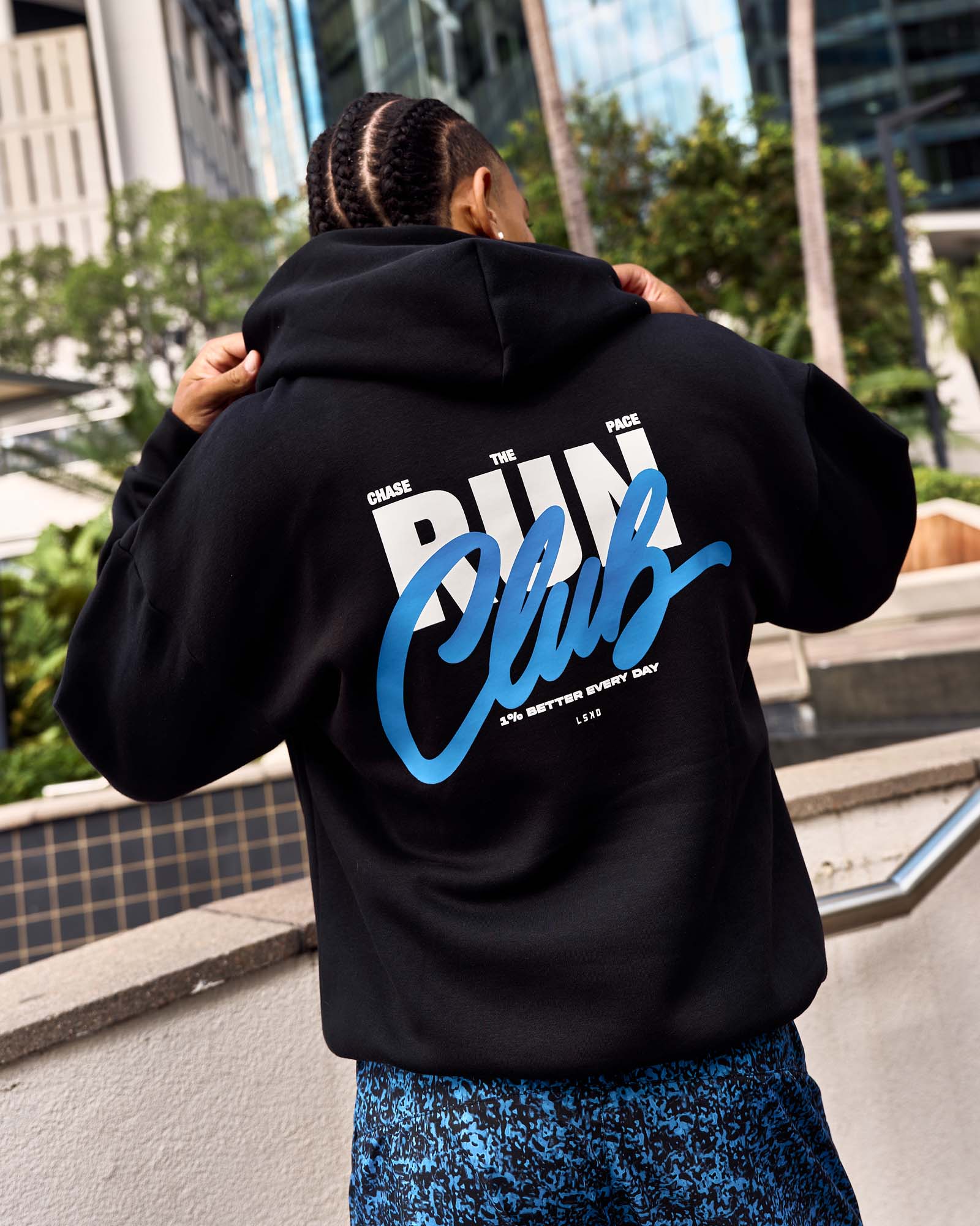 Run Club Script Oversized Hoodie - Black-Palace Blue