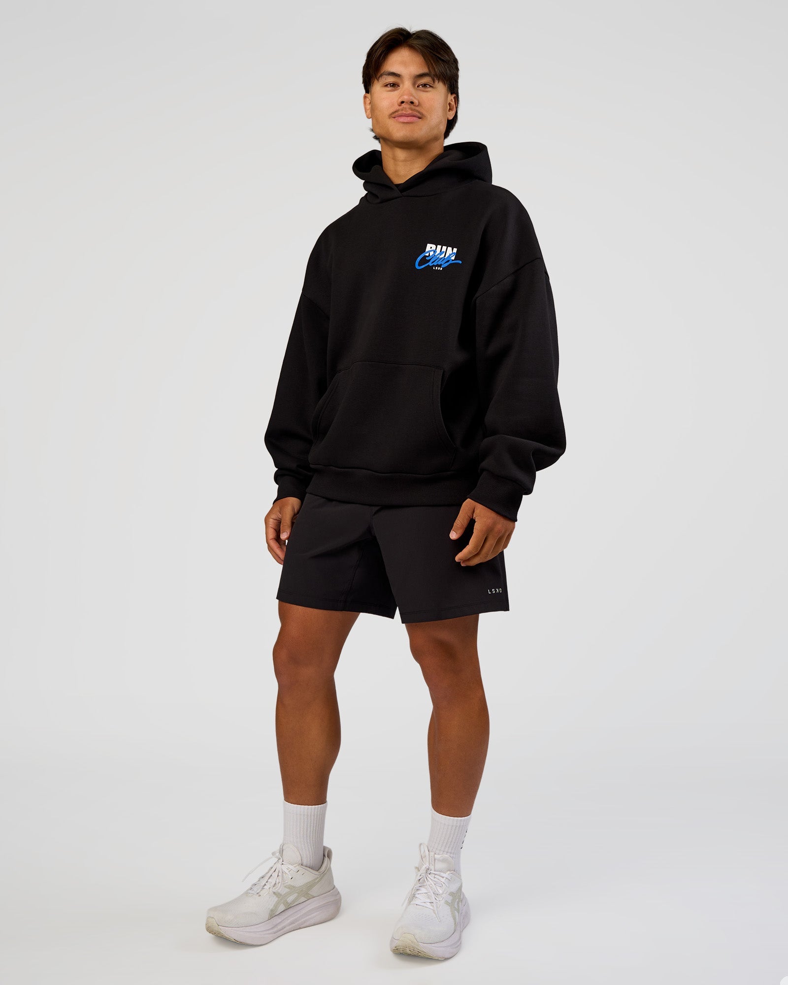 Run Club Script Oversized Hoodie - Black-Palace Blue