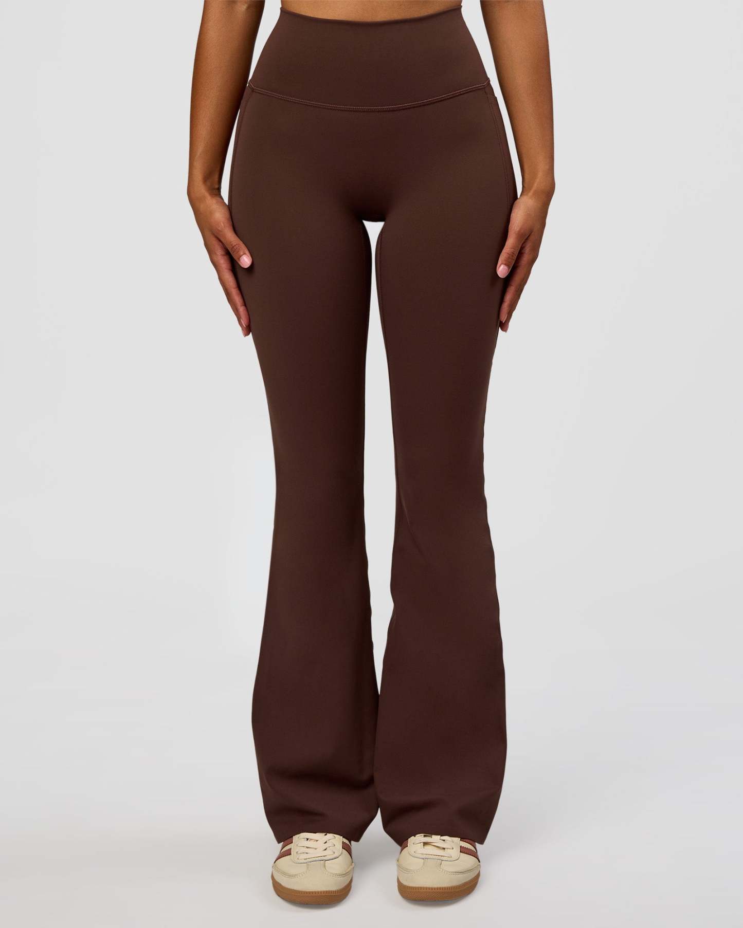 Fusion V-Contour High-Rise Flared Legging Pockets - Hot Chocolate