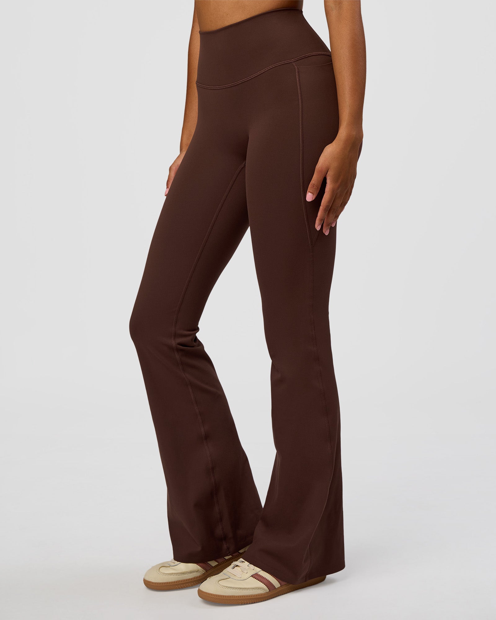 Fusion V-Contour High-Rise Flared Legging Pockets - Hot Chocolate