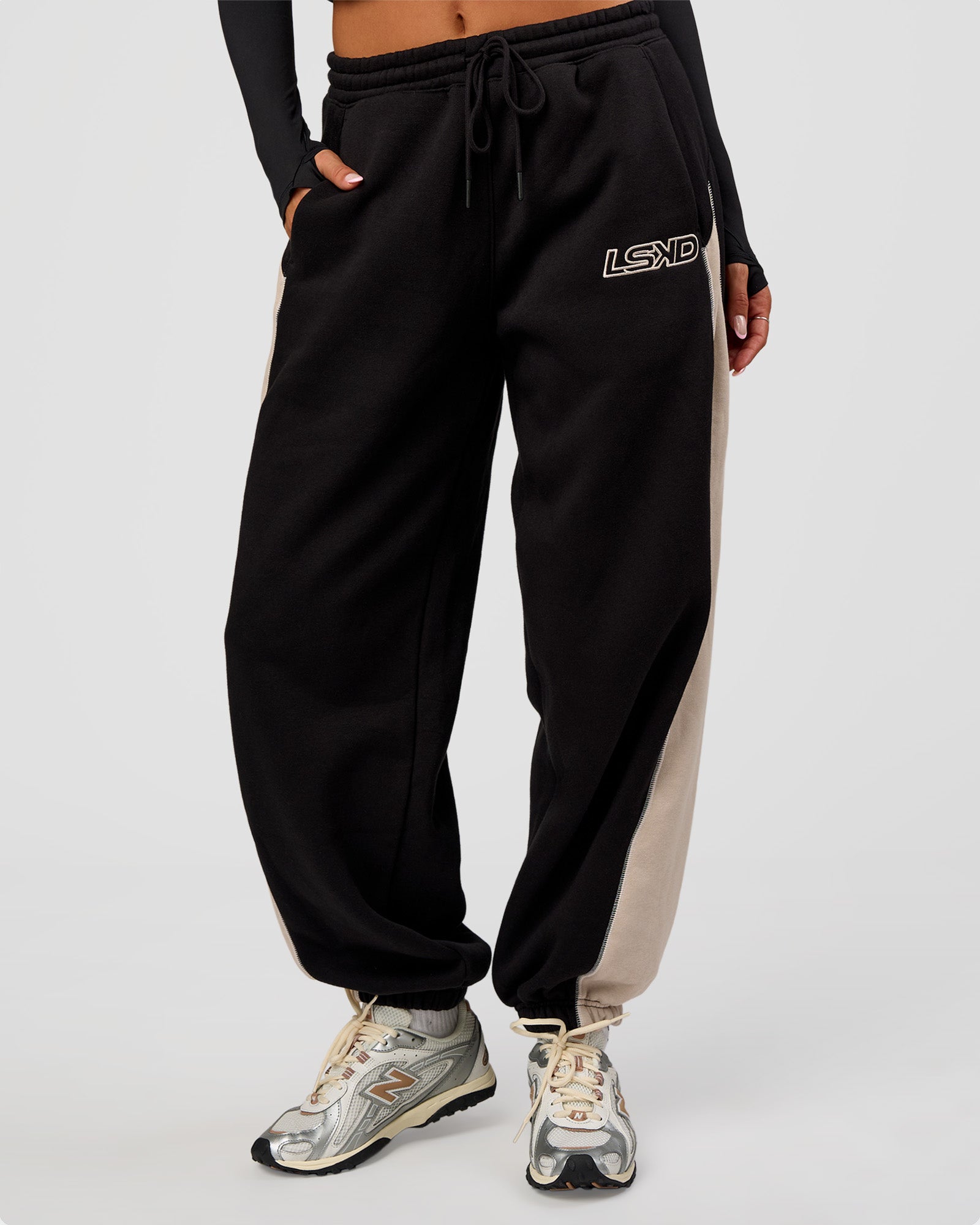 Power Play Stitch Up Fleece Sweat Pant - Black-Shale Beige
