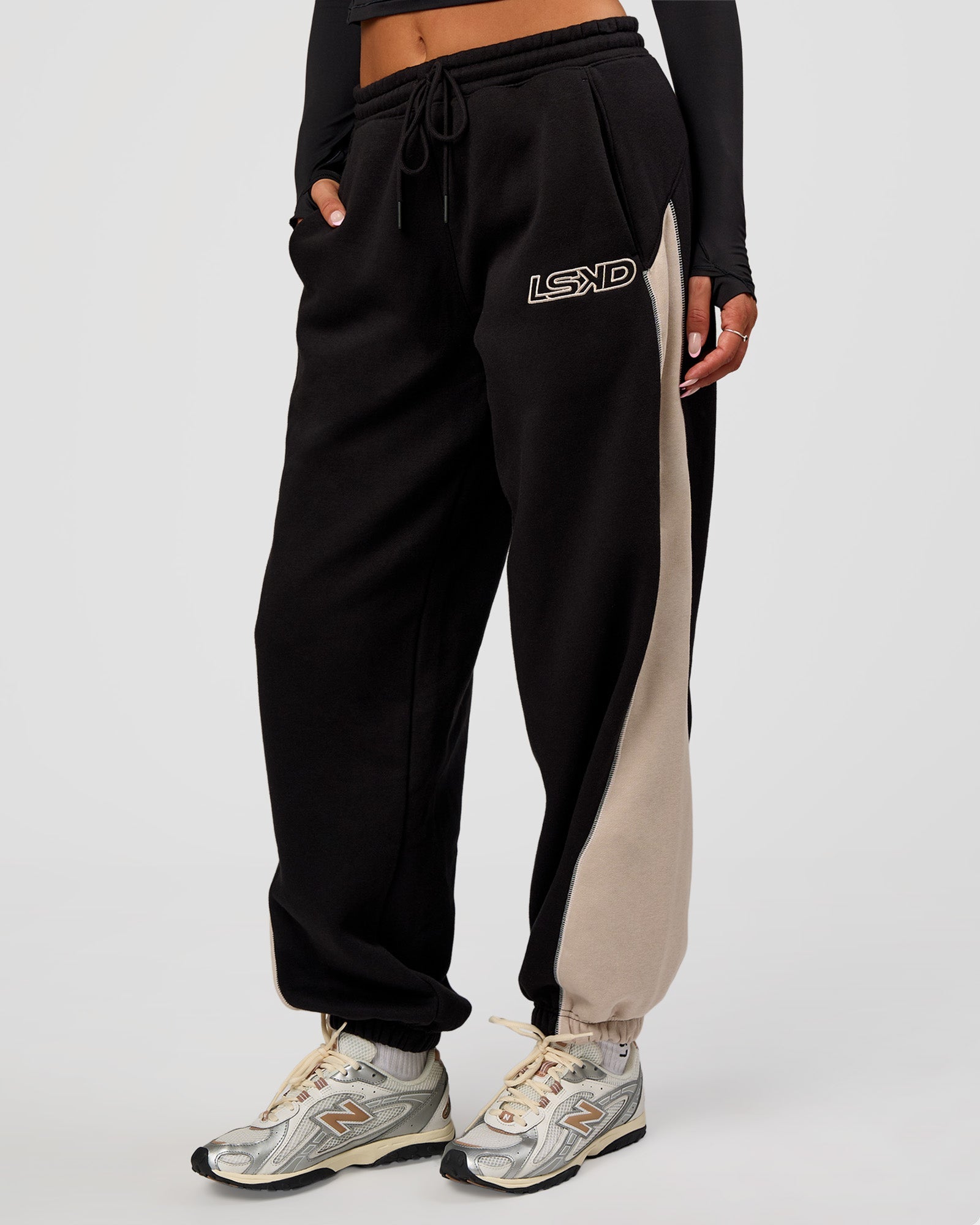 Power Play Stitch Up Fleece Sweat Pant - Black-Shale Beige
