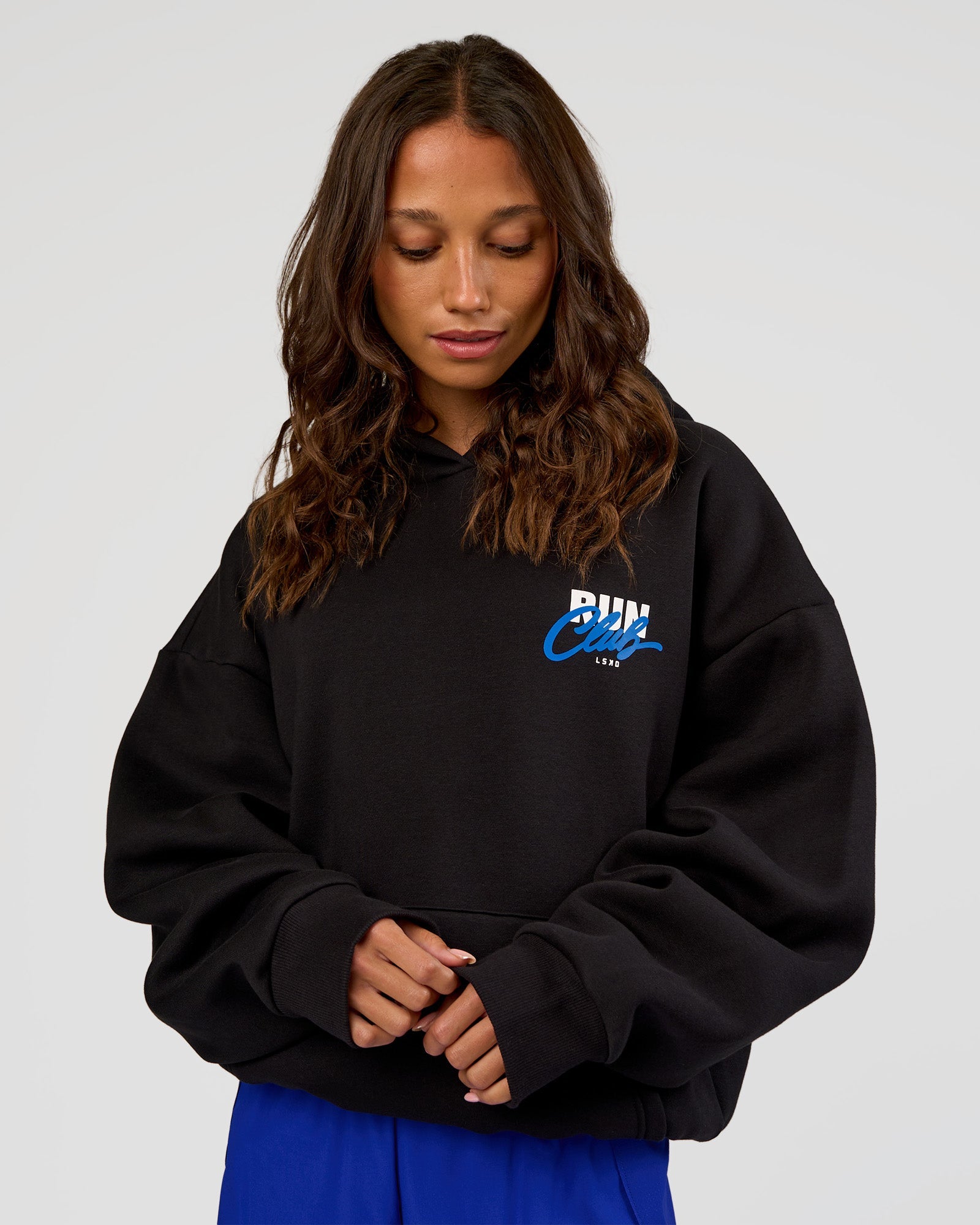Run Club Script Oversized Hoodie - Black-Palace Blue