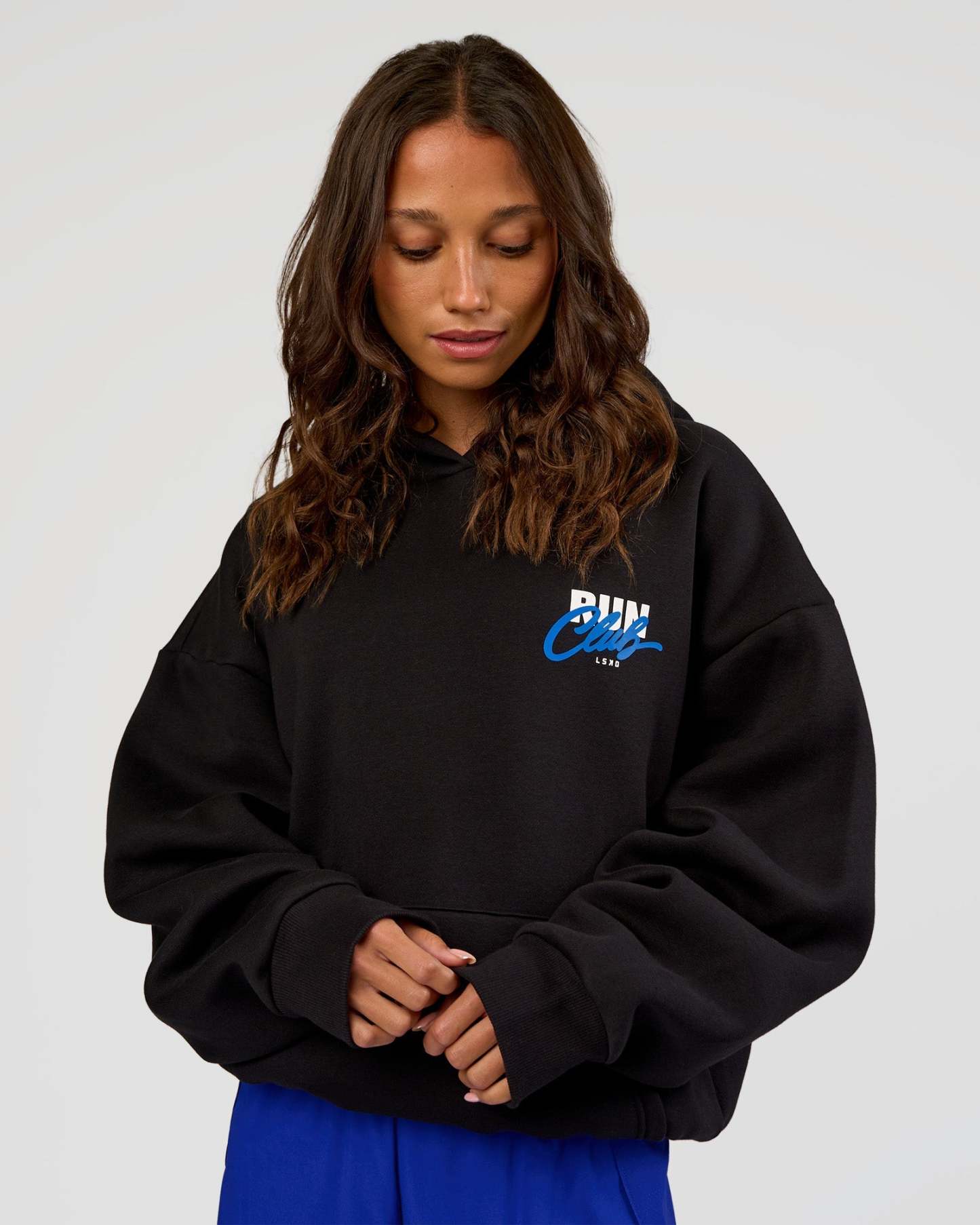 Run Club Script Oversized Hoodie - Black-Palace Blue
