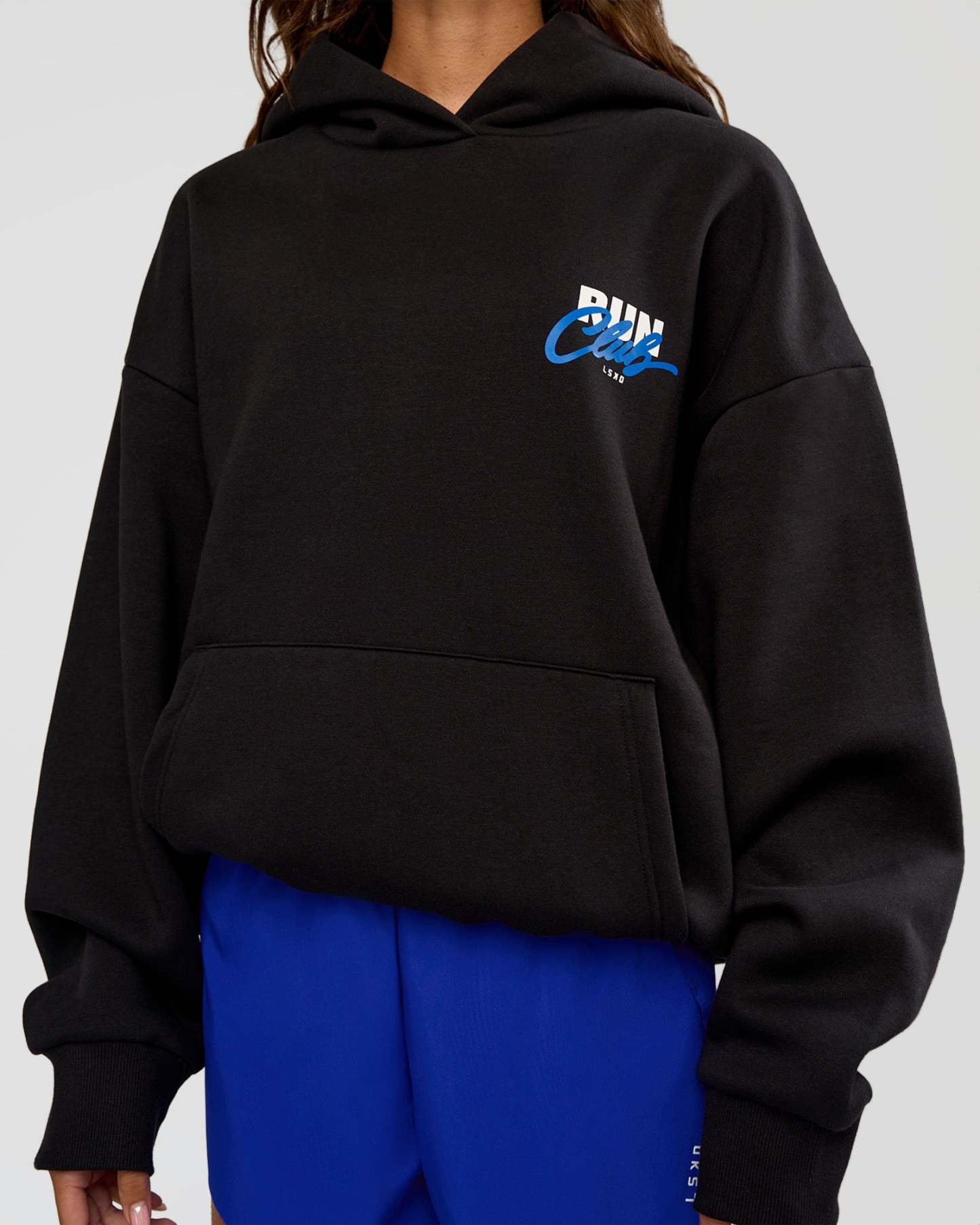 Run Club Script Oversized Hoodie - Black-Palace Blue