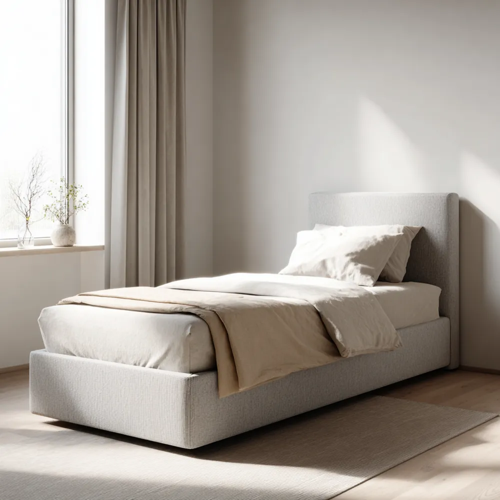Cama Individual Tapizada Tela 200x90x45 cm – Beige – Diseño Moderno