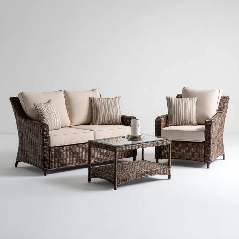 Juego de Sofá para Patio de Ratán Sintético 130x75x79 cm y 76x75x79 cm Cojines Beige Conjunto de 4 Piezas