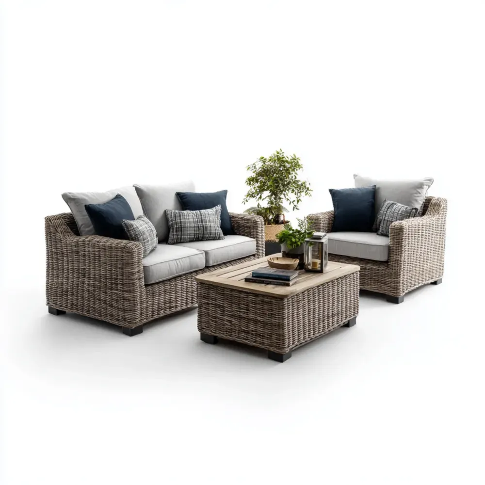Juego de Sofás de Jardín Ratán Sintético 150x85x75 cm Sofá, 85x85x75 cm Sillón, 90x60x40 cm Mesa – Gris Estilo Clásico