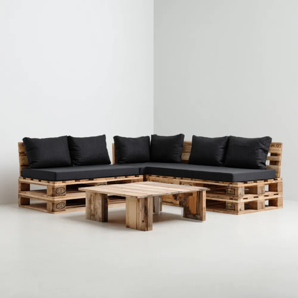 Conjunto de Sofá de Palets Madera Reciclada 210x70x65 cm - Negro - Diseño Rústico