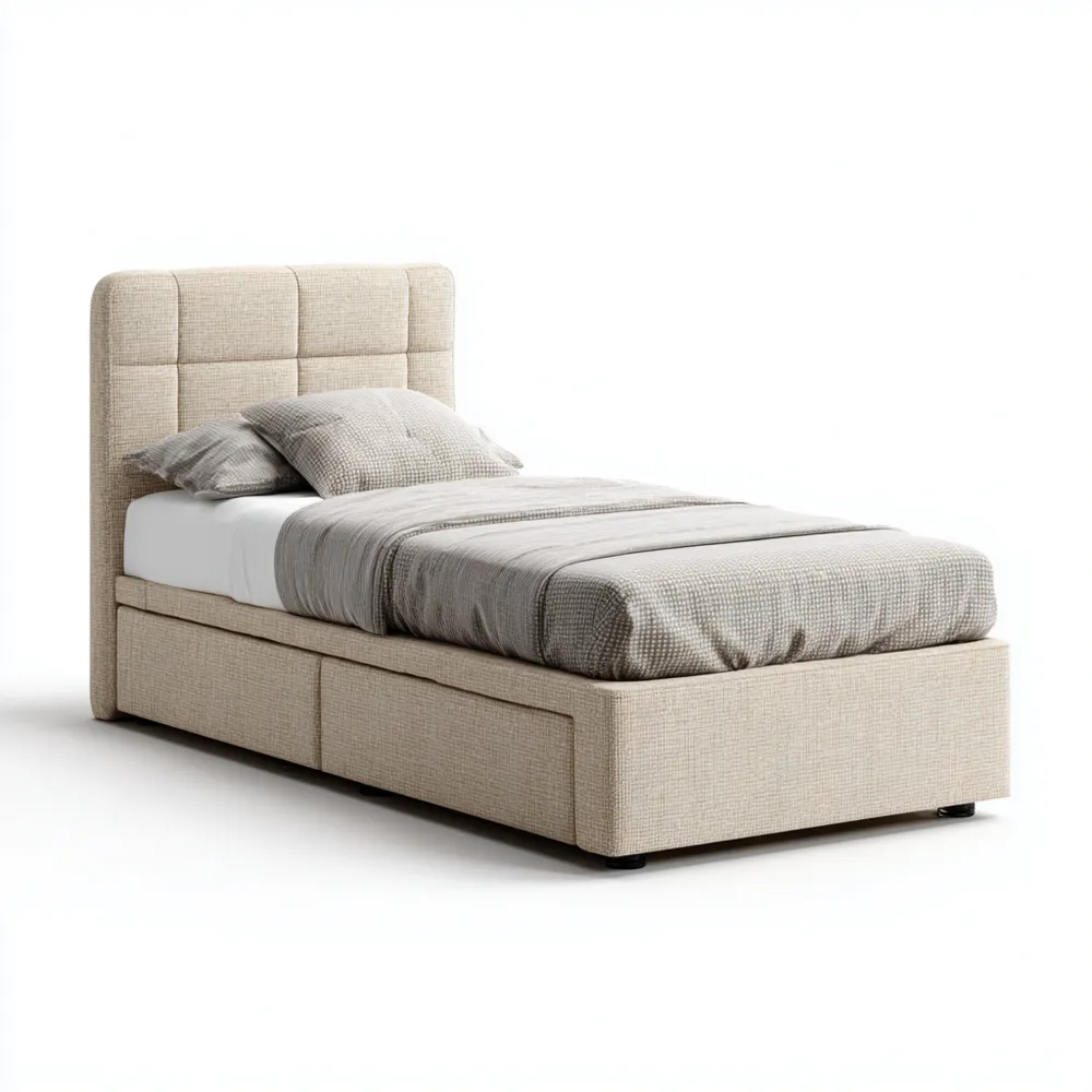 Cama Individual Tapizada con Almacenamiento – 200x90x100 cm – Beige – Diseño Moderno