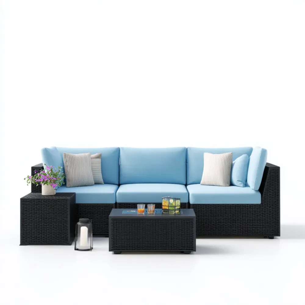 Sofá de Jardín de Ratán Modular 200x75x65 cm - Azul Claro/Negro - Diseño Moderno