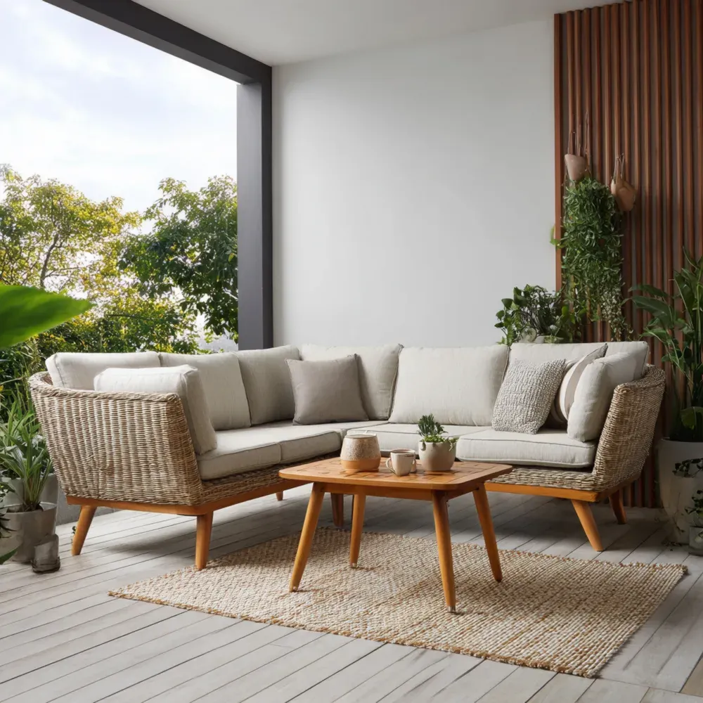 Conjunto de Sofá de Jardín de Ratán Beige 220x85x73 cm con Mesa 90x50x45 cm