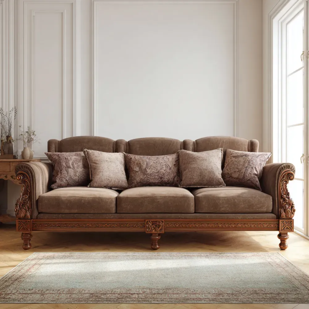 Sofá Clásico Madera Tallada Tapizado en Terciopelo Marrón 220x85x95 cm – Diseño Elegante
