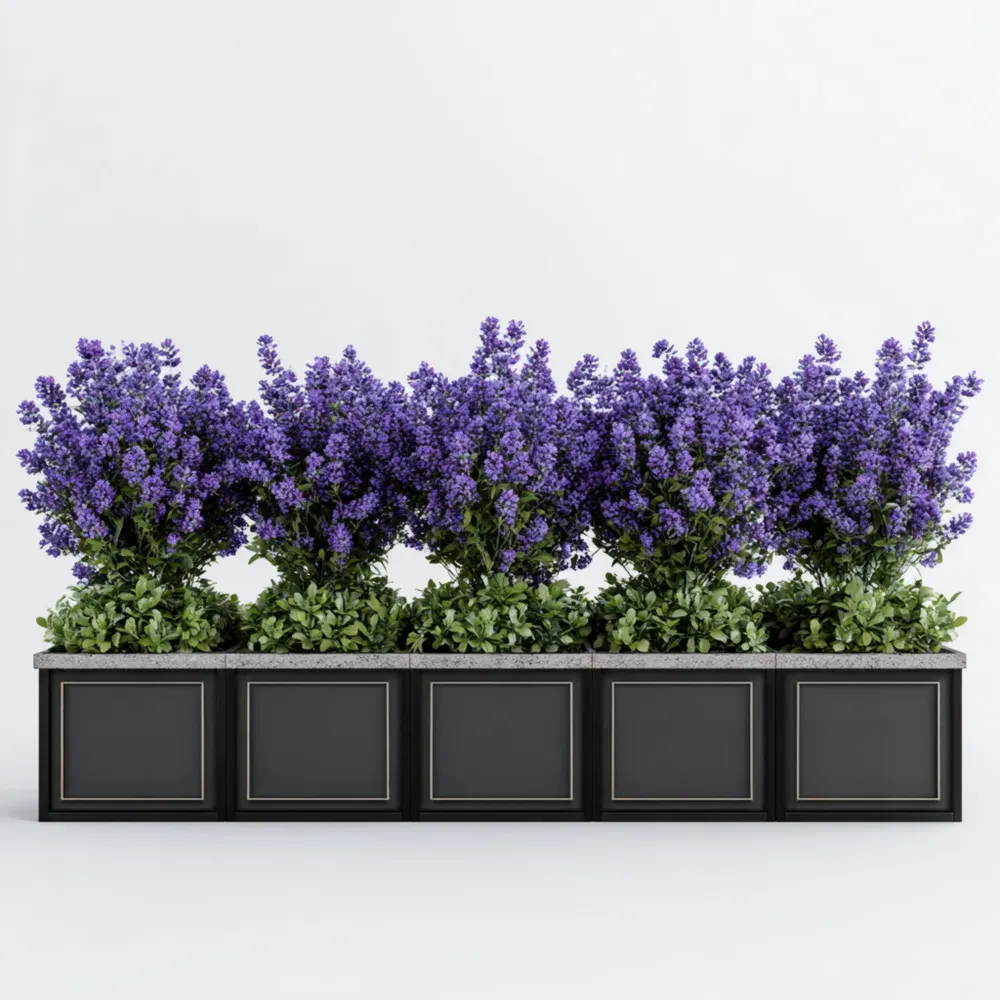 Jardinera Rectangular de Metal con Lavanda Artificial 75x20x30 cm – Negro/Morado