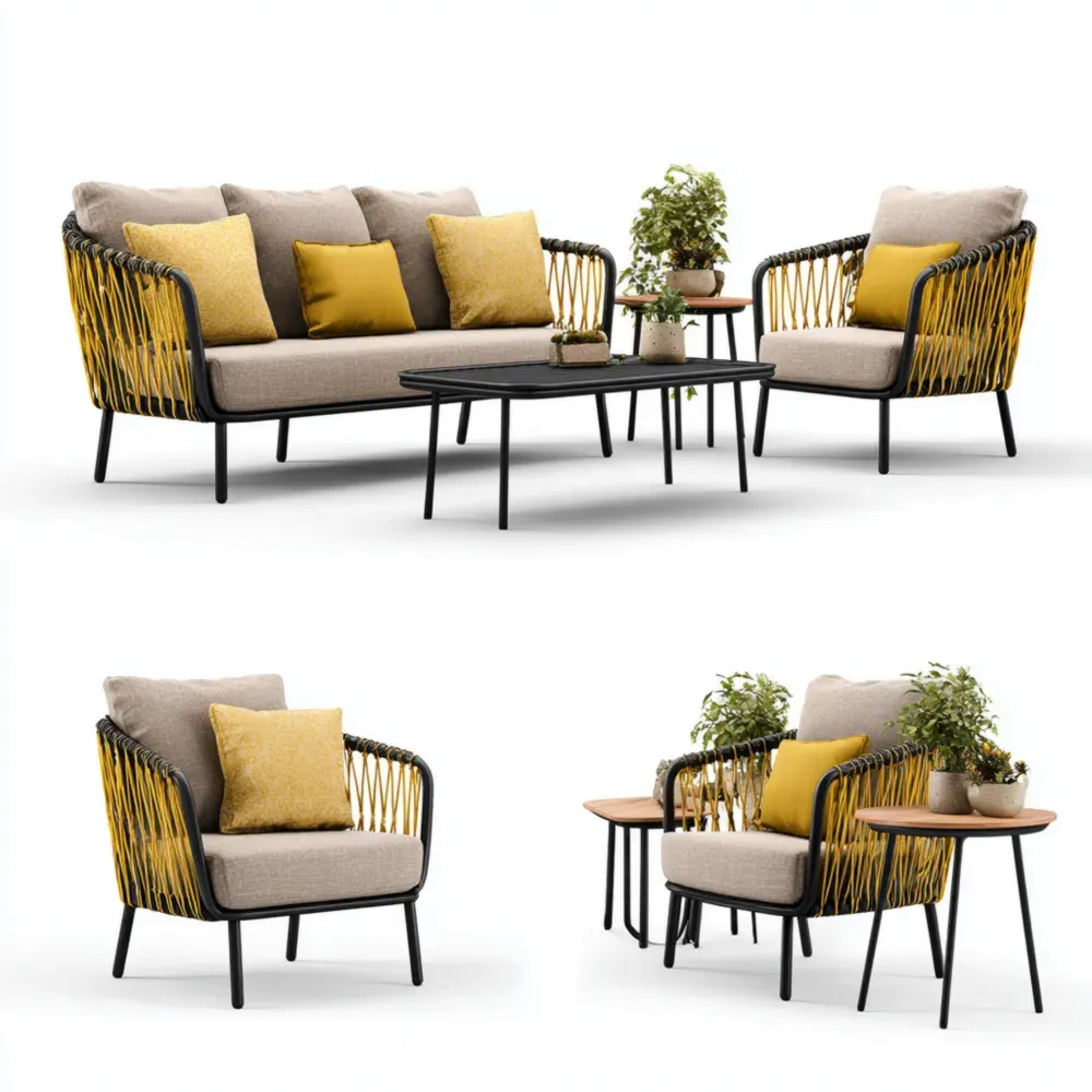 Conjunto de Sofás de Jardín Tejido a Mano 150x80x75 cm - Amarillo/Beige - Estilo Contemporáneo